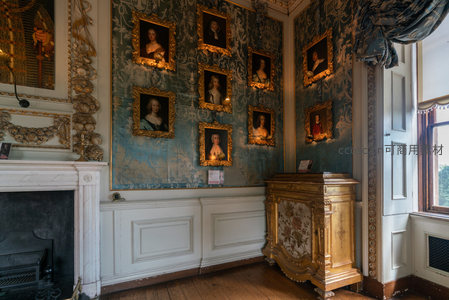 蓝墙挂满肖像画，壁炉旁显贵族气