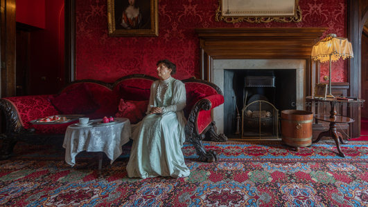 贵妇独坐红沙发前壁炉享受午后时光