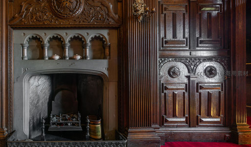 雕花壁炉与橡木门构成的古典室内细节