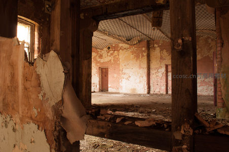 透过朽木门框望向空旷废墟大厅