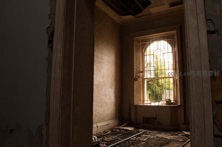 铁栅窗后绿意盎然的废墟一角