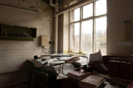 废弃房间书本散落一地，窗外景色朦胧