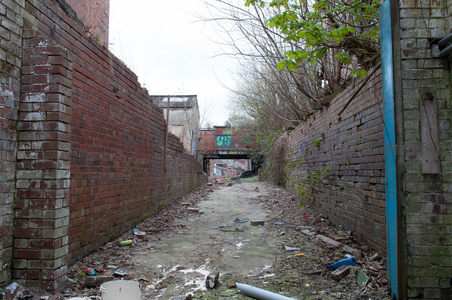 杂草丛生的废墟小巷，红砖墙与涂鸦交织