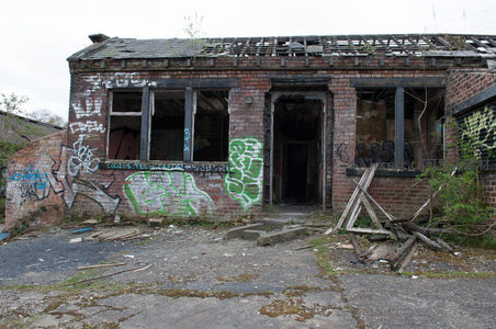 绿植攀爬的涂鸦废弃建筑