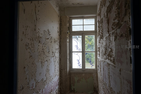 破败房间内斑驳墙壁与窗外绿意