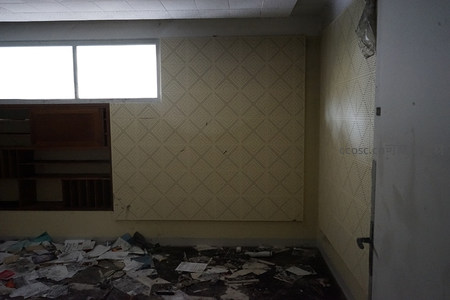 墙上贴满旧壁纸的废弃房间，地上堆满废纸