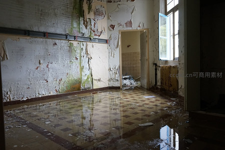 积水倒影中的废弃房间