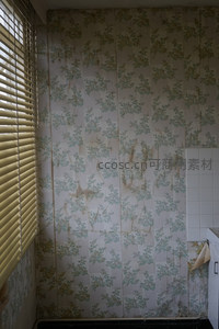 斑驳墙纸特写，岁月侵蚀下的花纹残影