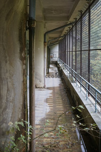 废弃走廊的斑驳光影与自然侵蚀