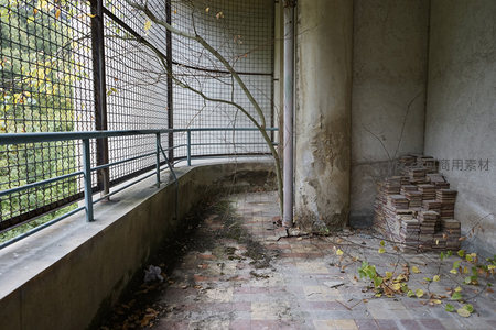 废弃阳台的枯枝与砖块，时光静止的角落