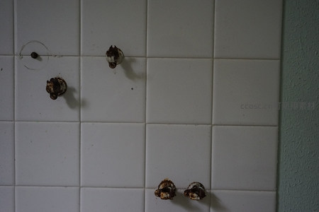 瓷砖墙上锈蚀的金属挂钩残骸