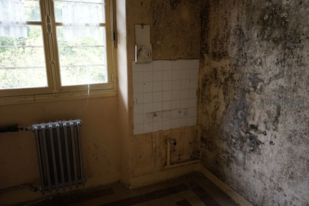 废弃房间角落霉斑墙与老式暖气片