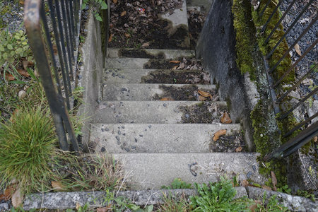 青苔覆盖的废弃石阶与铁栏