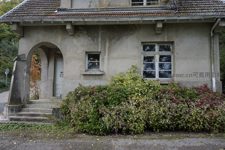 花丛掩映下的老宅门廊静谧