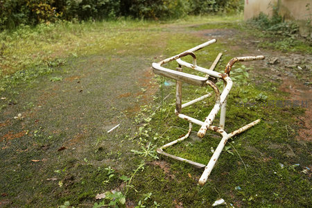 锈蚀金属架静卧青苔地，荒芜感扑面而来