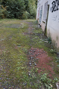 废弃院落小径，墙角涂鸦与碎石共存