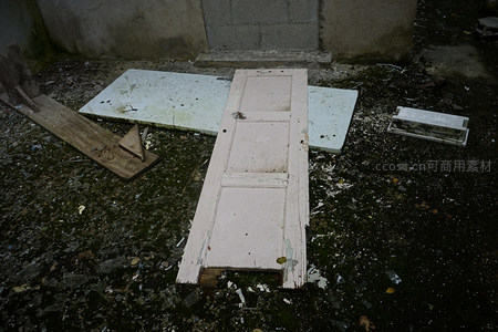 废弃场地中，一扇旧门静卧于碎屑与青苔之间