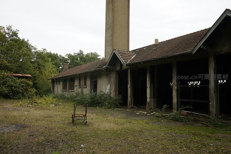 废弃工厂全景，烟囱矗立，杂草蔓延至建筑深处