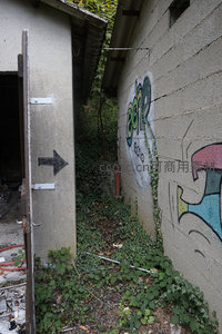 狭窄巷道内涂鸦墙与开启的铁门，箭头指向未知深处