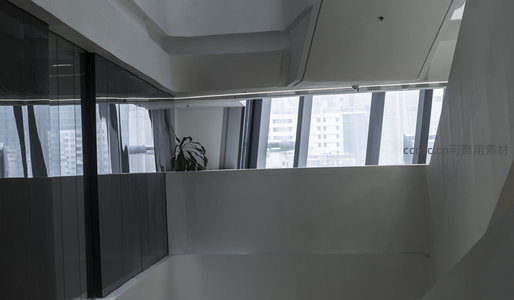 明亮通透的现代办公走廊与绿植点缀