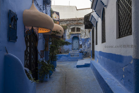 静谧蓝巷中的拱门与绿植