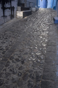 湿漉漉的石板路映着幽蓝墙影