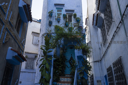 狭窄巷道中的蓝色建筑立面