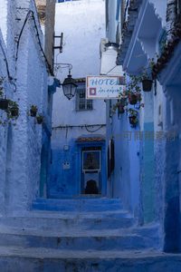 酒店招牌悬巷口，花盆点缀蓝巷深处