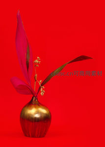 金色花瓶中的红叶插花艺术