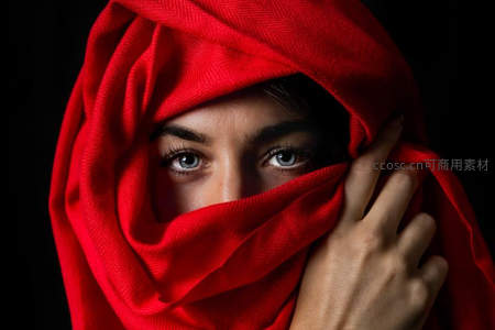 红纱遮面女子，神秘眼神凝视镜头