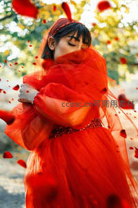 红纱飘舞中女子闭目感受花瓣纷飞