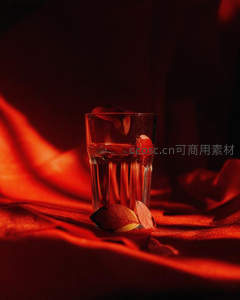 红光下的玻璃杯与落叶静物