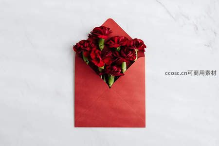 红色信封中盛放着心形排列的康乃馨
