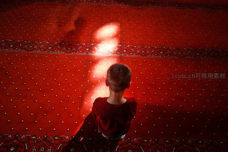 男孩背对镜头凝视地毯上的光斑