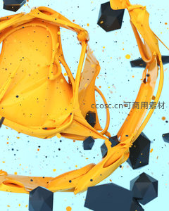 橙色流体与黑色几何体碰撞的3D艺术