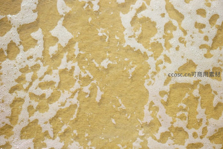 金色液体表面漂浮着细腻泡沫，形成抽象纹理图案