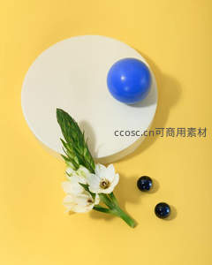 蓝球白花黄背景静物构图