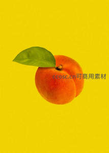 鲜嫩桃子配绿叶，纯黄背景衬托自然之美