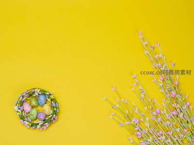 彩蛋花环与紫色花枝点缀黄底