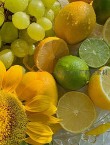 柠檬青柠葡萄与向日葵，色彩缤纷的夏日水果盛宴