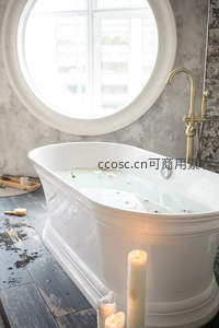 圆形窗边浴缸花瓣烛光疗愈时光