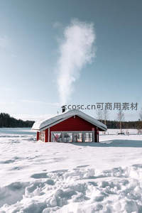 雪地中的红色小屋烟囱冒着白烟