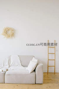 温馨客厅一角：米色沙发配木质梯子装饰