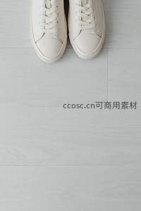 简约白色运动鞋置于浅木纹地板上
