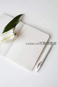 洁白笔记本旁的百合花与笔