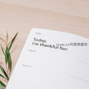 感恩日记本旁点缀着绿叶枝条
