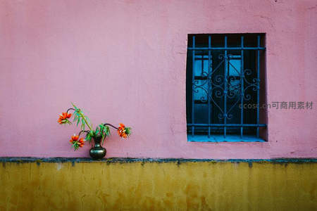 粉色墙边花瓶与铁窗的静谧角落