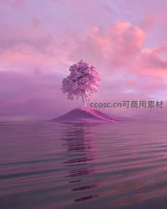 孤岛上的粉色樱花树倒映水中