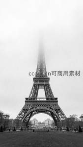 雾中埃菲尔铁塔的黑白剪影