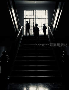 阶梯尽头三人剪影，凝望格窗透入的光